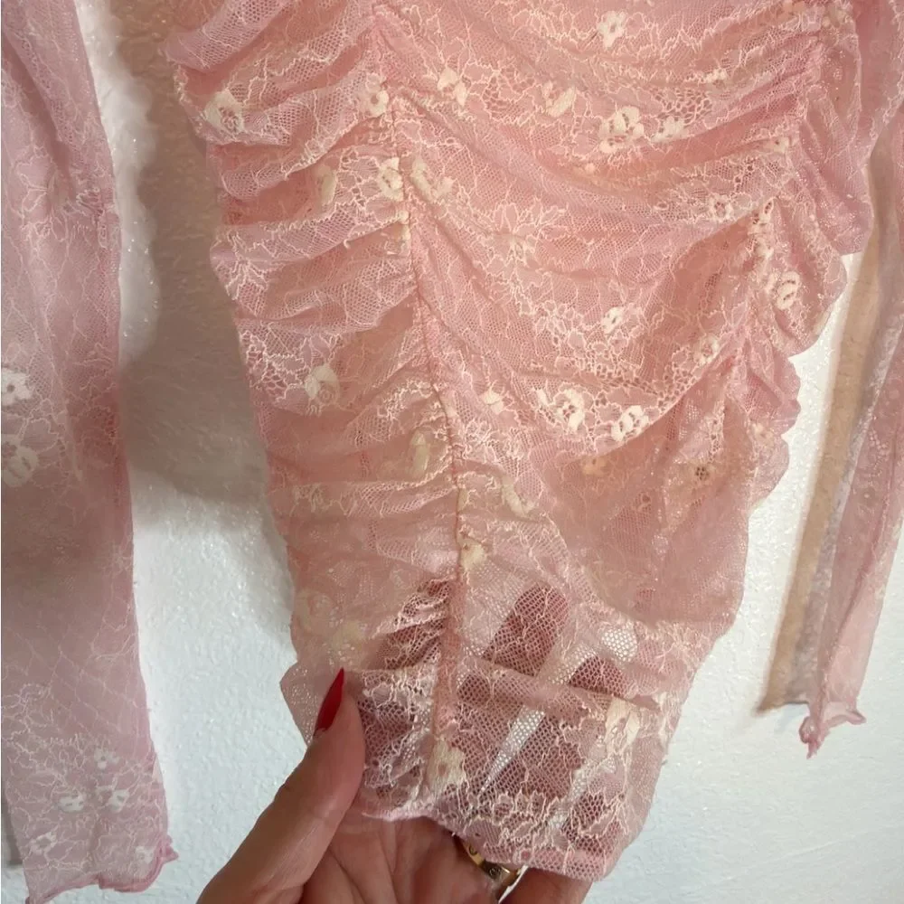 New Free People Pink Lace Lolita romantic cottagecore Long Sleeve Top